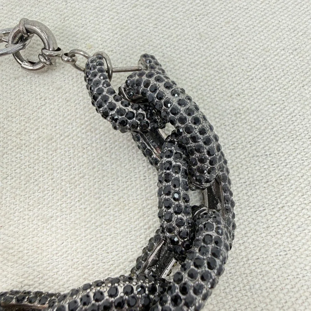 Chunky Link Bracelet Black Rhinestone Silver Tone Statement Bold‎ Sparkle